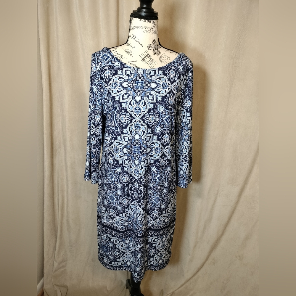 Apt 9 Boat Neck 3/4 Sleeve Jersey Knit Blue Paisley Dress. Size XL